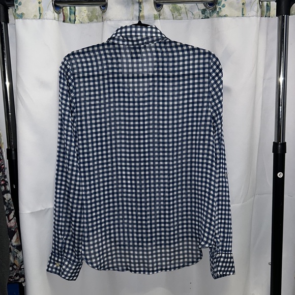 41- About A Girl Checkered Blue & White Buffalo Plaid LS Sheer Top Medium - Picture 9 of 10